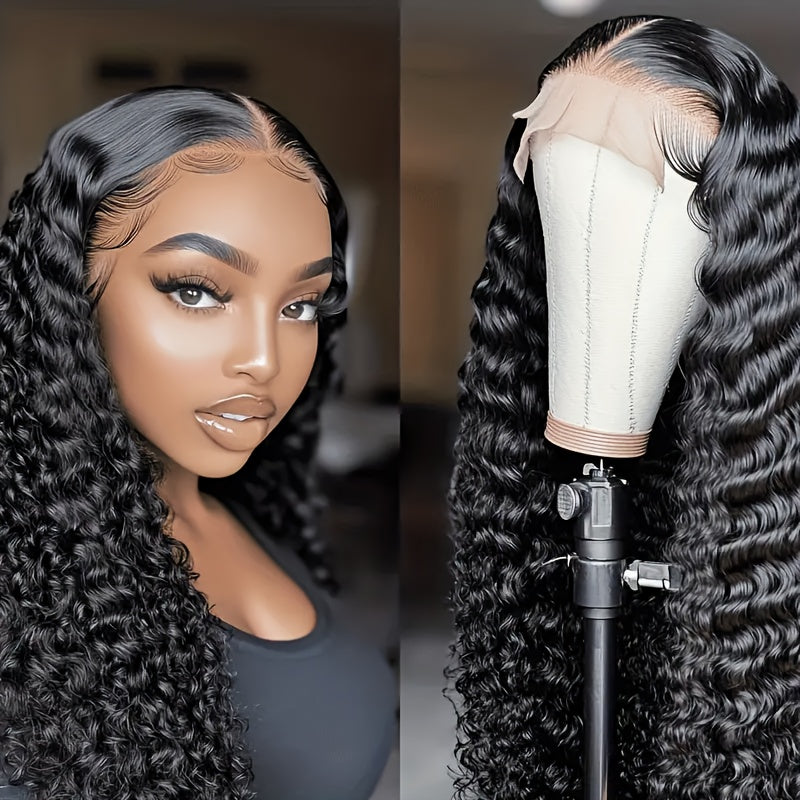 13x6 Deep Wave Lace Front Wig - 250% Density HD Lace, Pre-Plucked 100% Virgin Human Hair, Glueless Curly Style for Women, Natural Look with Hairs, Suitable for All Ethnicities, Special Occasion Wig | Deep Wave Texture | Reali